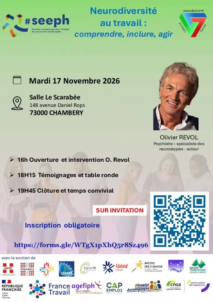 Affiche du colloque « Neurodiversité au travail : comprendre, inclure, agir », mardi 17 novembre 2026, salle Le Scarabée, Chambéry, avec Olivier Revol