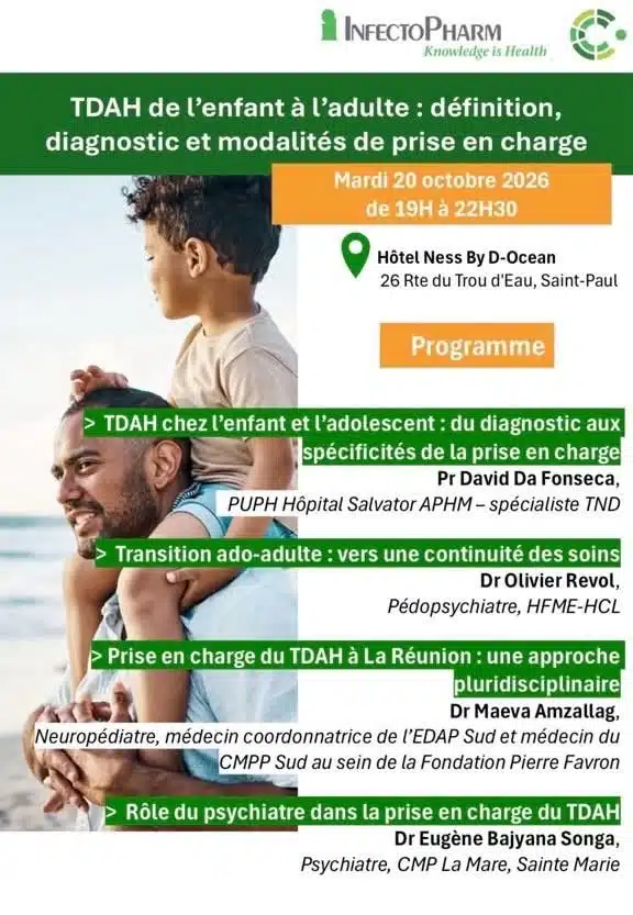 Affiche de la soirée InfectoPharm « TDAH de l'enfant à l'adulte », mardi 20 octobre 2026, hôtel Ness By D-Ocean, Saint-Paul, La Réunion