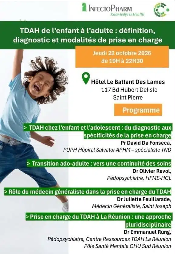 Affiche de la soirée InfectoPharm « TDAH de l'enfant à l'adulte », jeudi 22 octobre 2026, hôtel Le Battant des Lames, Saint-Pierre, La Réunion