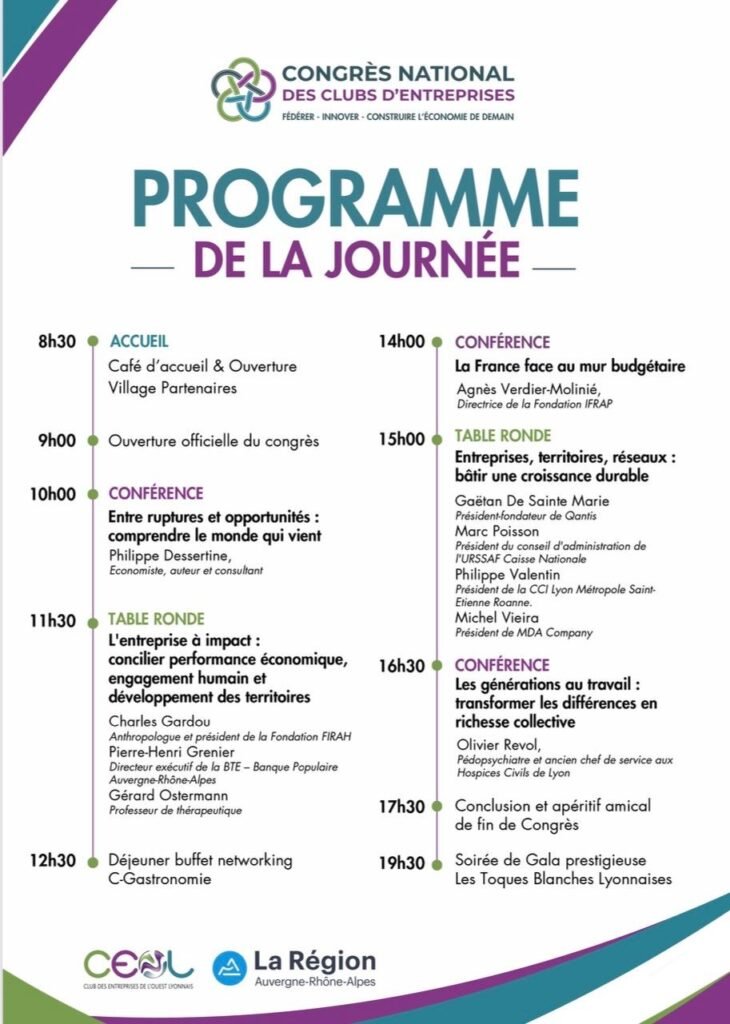 Programme de la journée du Congrès national des clubs d'entreprises, 7 octobre 2026, avec la conférence d'Olivier Revol « Les générations au travail : transformer les différences en richesse collective » à 16 h 30