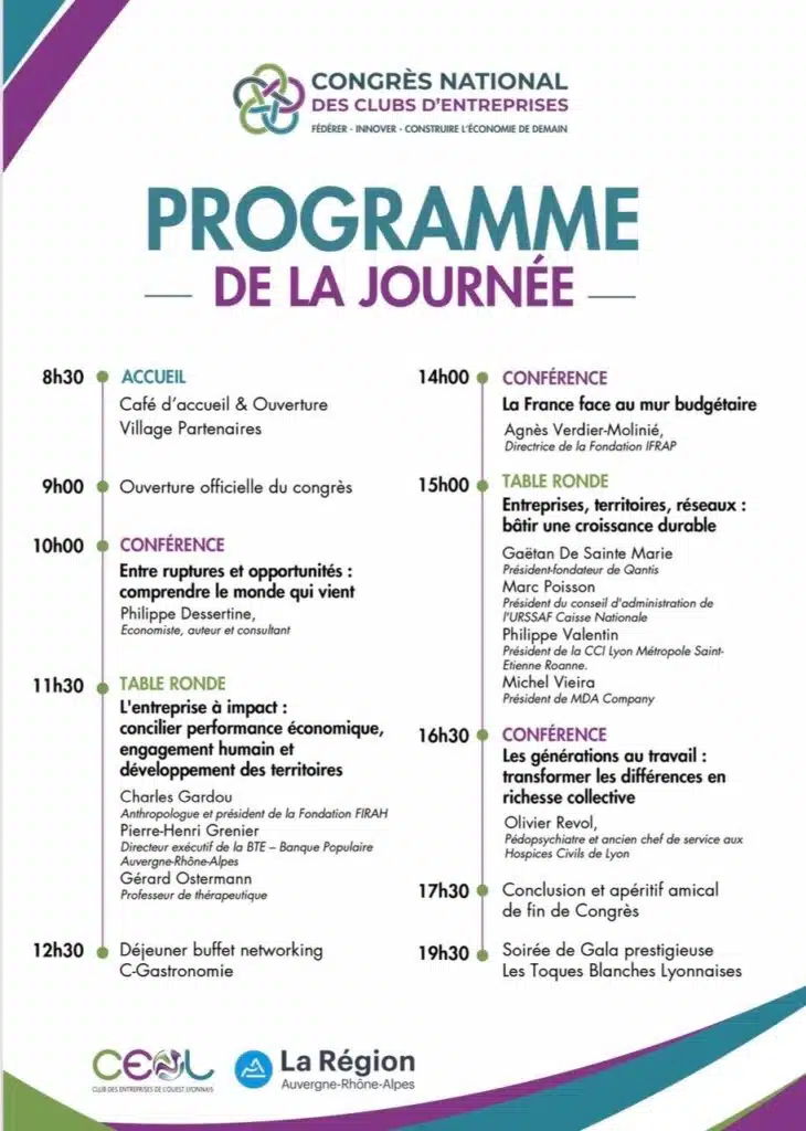 Programme de la journée du Congrès national des clubs d'entreprises, 7 octobre 2026, avec la conférence d'Olivier Revol « Les générations au travail : transformer les différences en richesse collective » à 16 h 30