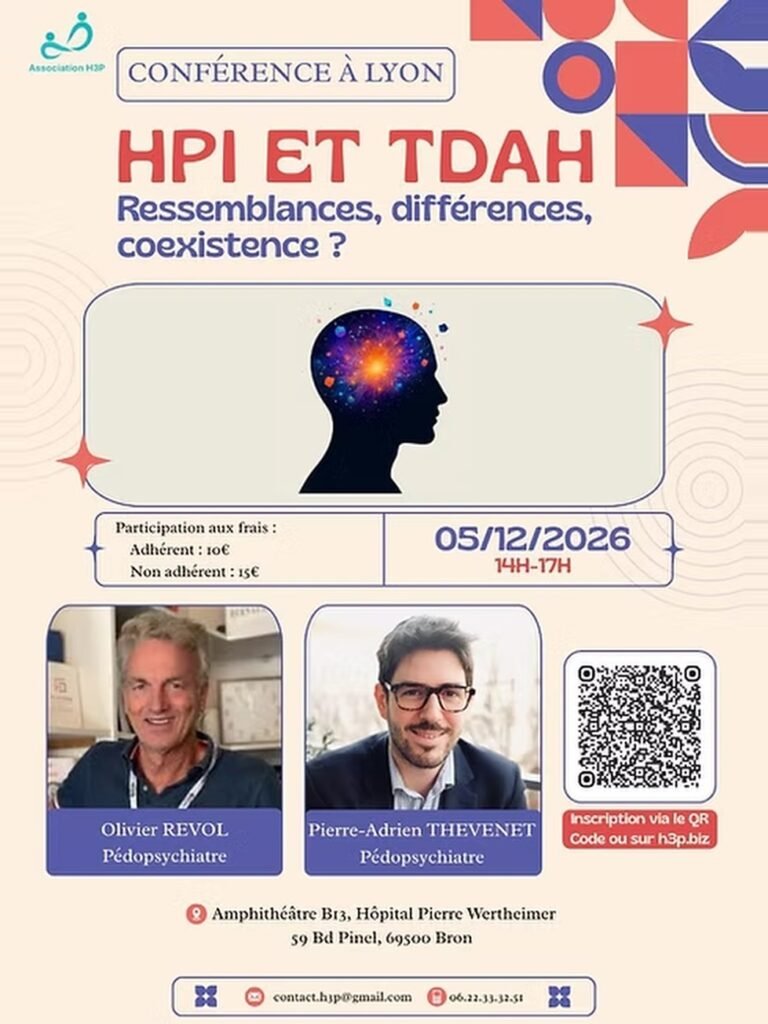 Affiche de la conférence « HPI et TDAH : ressemblances, différences, coexistence ? » d'Olivier Revol et Pierre-Adrien Thevenet, pédopsychiatres, samedi 5 décembre 2026 de 14 h à 17 h, amphithéâtre B13 de l'hôpital Pierre Wertheimer à Bron, organisée par l'association H3P.