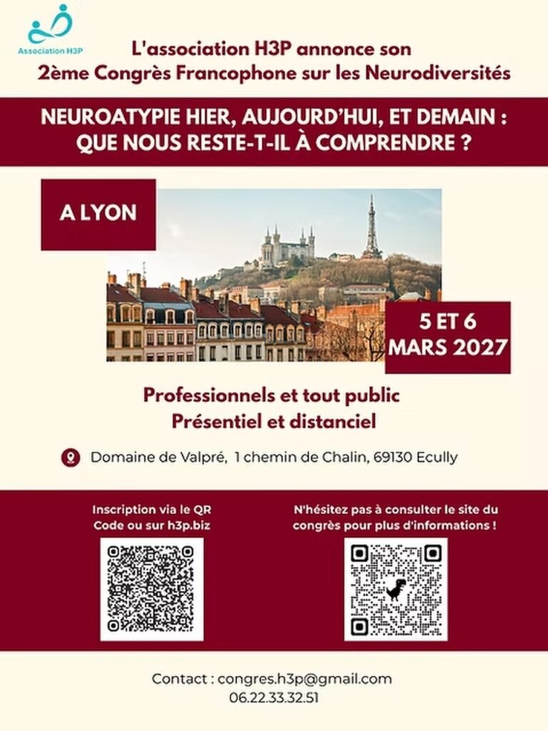 Affiche du 2e Congrès francophone sur les neurodiversités de l'association H3P, « Neuroatypie hier, aujourd'hui et demain : que nous reste-t-il à comprendre ? », les 5 et 6 mars 2027 au Domaine de Valpré, à Écully, pour les professionnels et tout public, sur place et à distance