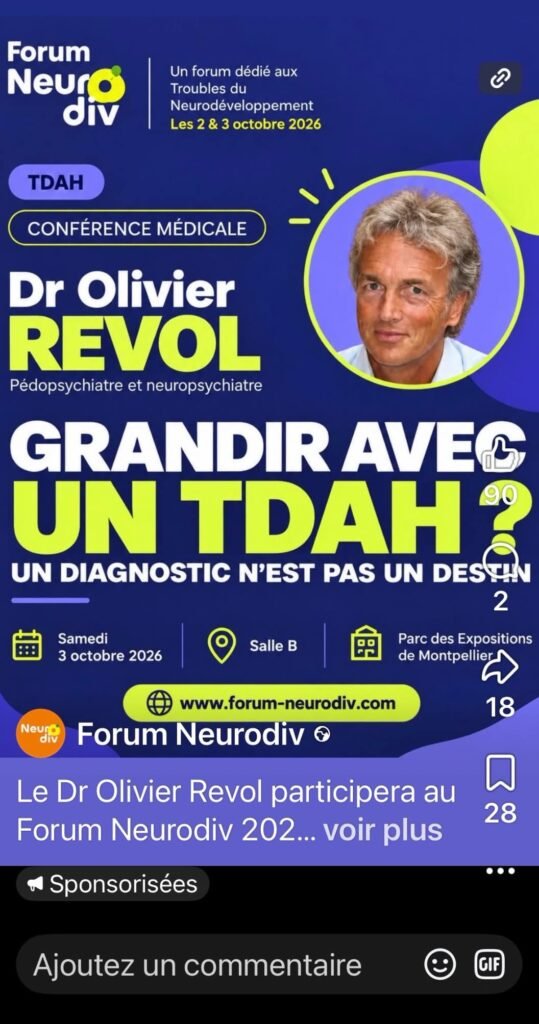 Affiche de la conférence du Dr Olivier Revol « Grandir avec un TDAH ? Un diagnostic n'est pas un destin », samedi 3 octobre 2026, Forum Neurodiv, Parc des Expositions de Montpellier